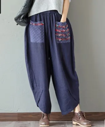 

Wide Leg Harem Pants Trousers 2020 Chinese Style Women Ethnic Vintage Patchwork Elastic Waist Loose Long Cotton Linen Pants