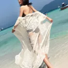 Платье-парео женское пляжное длинное с V-образным вырезом, Пляжная туника с накидкой, белый кружевной купальный костюм, Пляжная одежда, пляжные Наки
