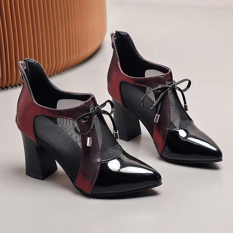 

2021New Women Mesh Lace Up Sandals Peep Toe Summer Female Pumps Women's Square High Heel Fashion Shoes Ladies Plus Size