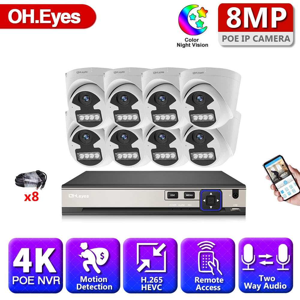 

OH.eyes H.265 8CH 4K 8MP POE NVR CCTV System 8MP Outdoor Dome Audio IP Camera P2P Remote Video Security Surveillance Set