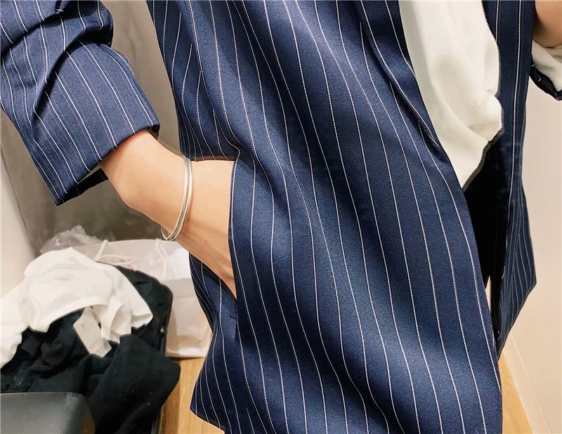 

TMODA759 Za Vintage Women Striped Blazer Suit 2021 Office Ladies Elegant Ruched Sleeve Cardigan Suits Female Fashion Jackets