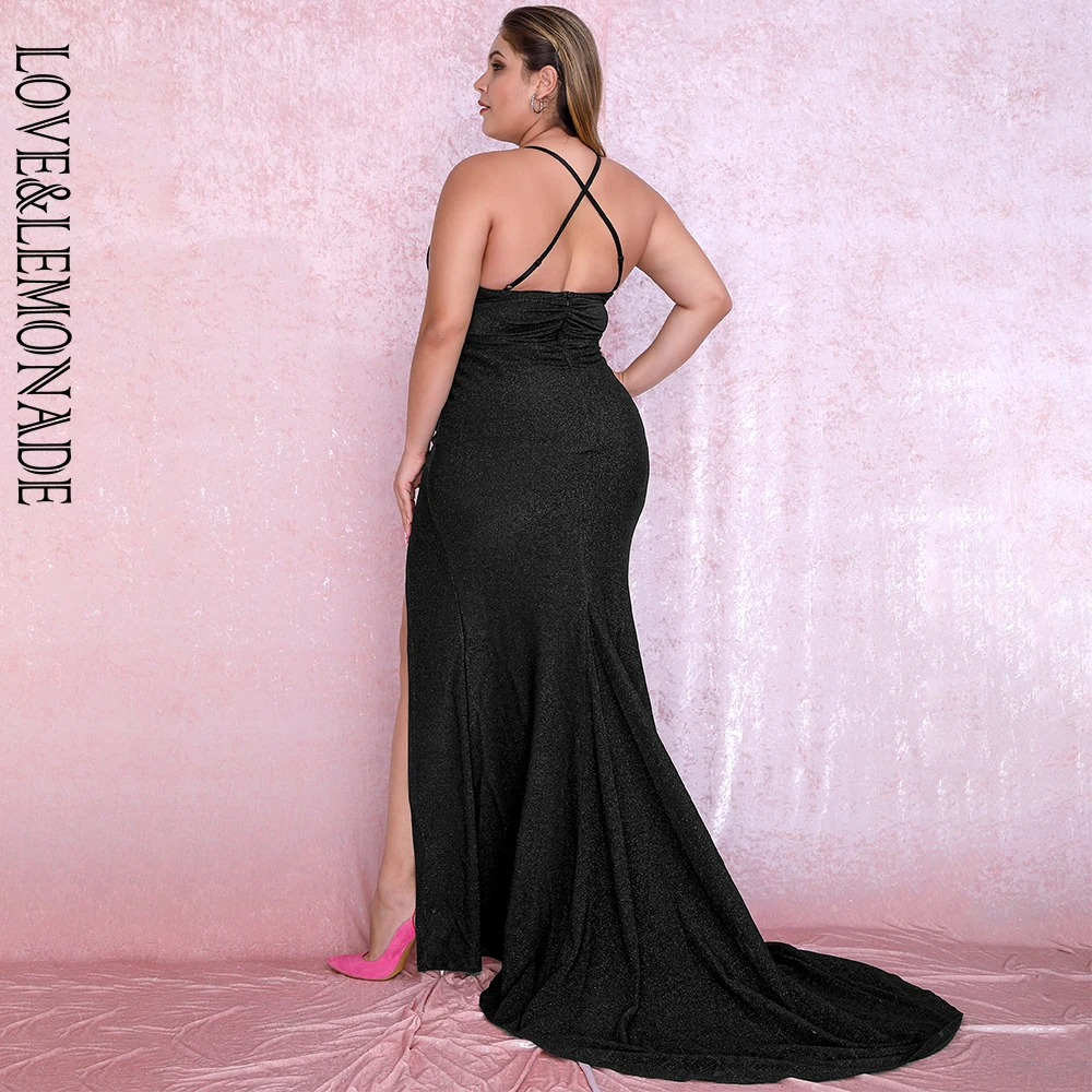 

LOVE&LEMONADE Plus size Sexy Black Deep V-Neck Cut Out Bodycon Shiny Elastic Fabric Maxi Dress LM81709PLUS