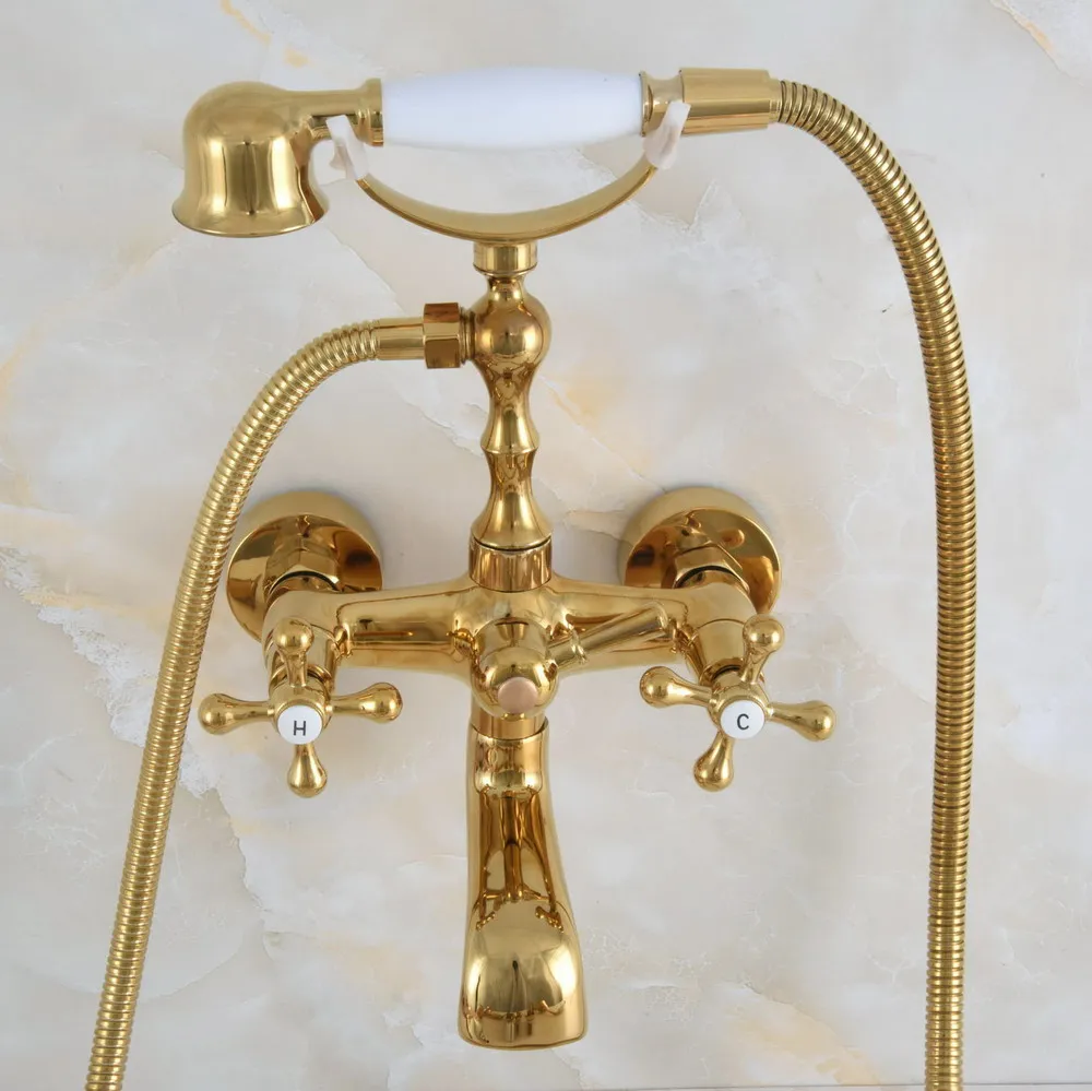 

Gold Color Brass Double Cross Handles Wall Mounted Bathroom Clawfoot Bathtub Tub Faucet Mixer Tap With Hand Shower ana847