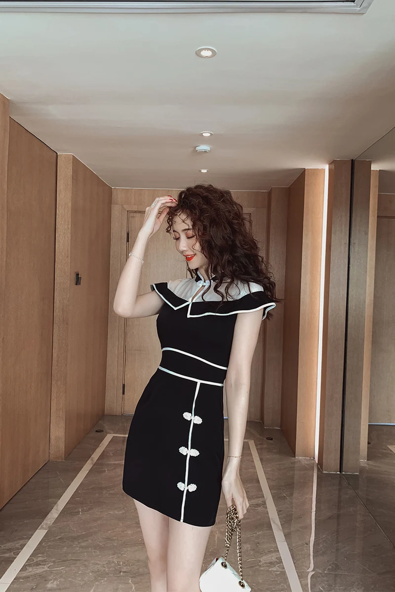 

COIGARSAM Fashion Patchwork Women one-piece dress korean Summer Dresses Black 2267
