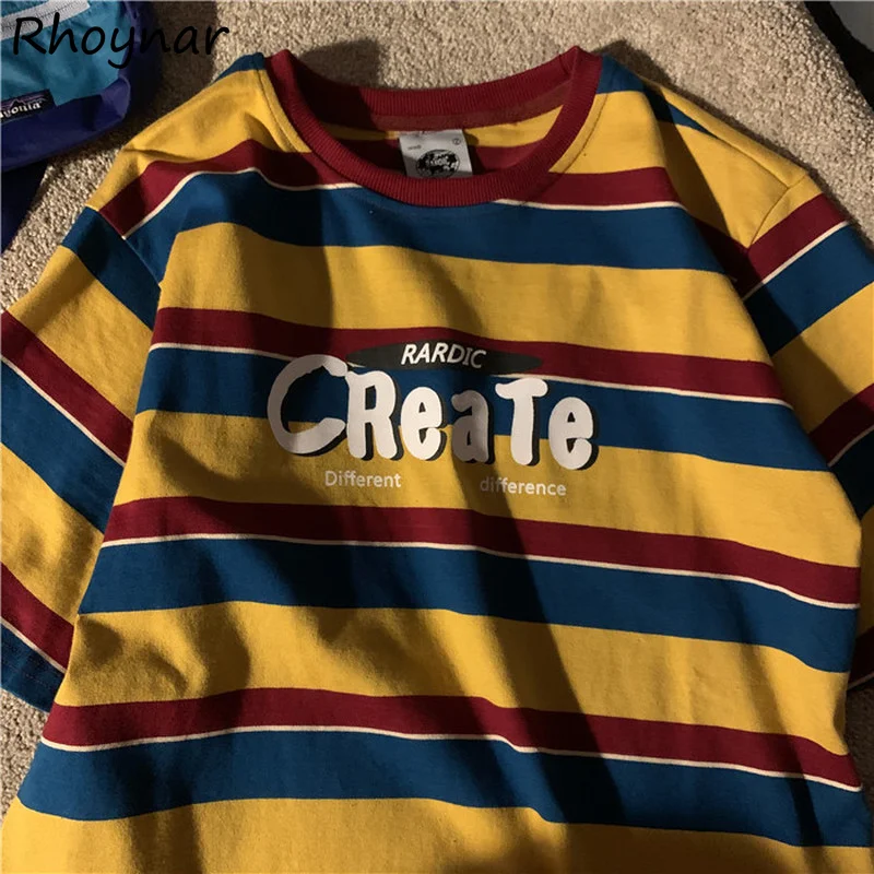 

American T-shirts Women Vintage Preppy Style College Short Sleeve O-neck Simple Striped Student Fashion Leisure Loose Female Tee