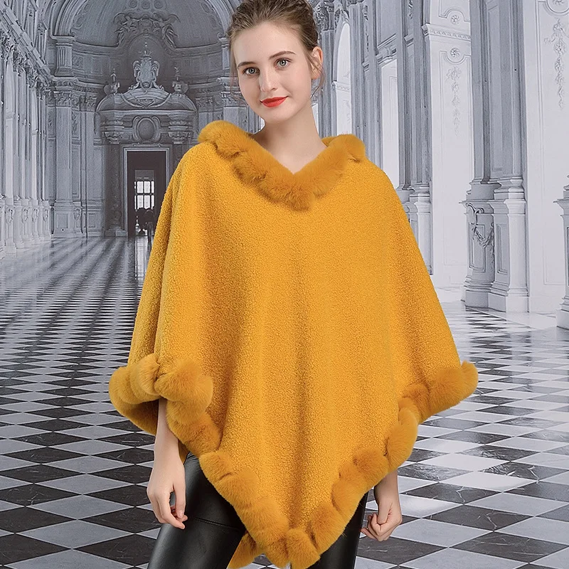 Бархатное пончо с лисьим мехом накидка воротником из искусственного лисьего