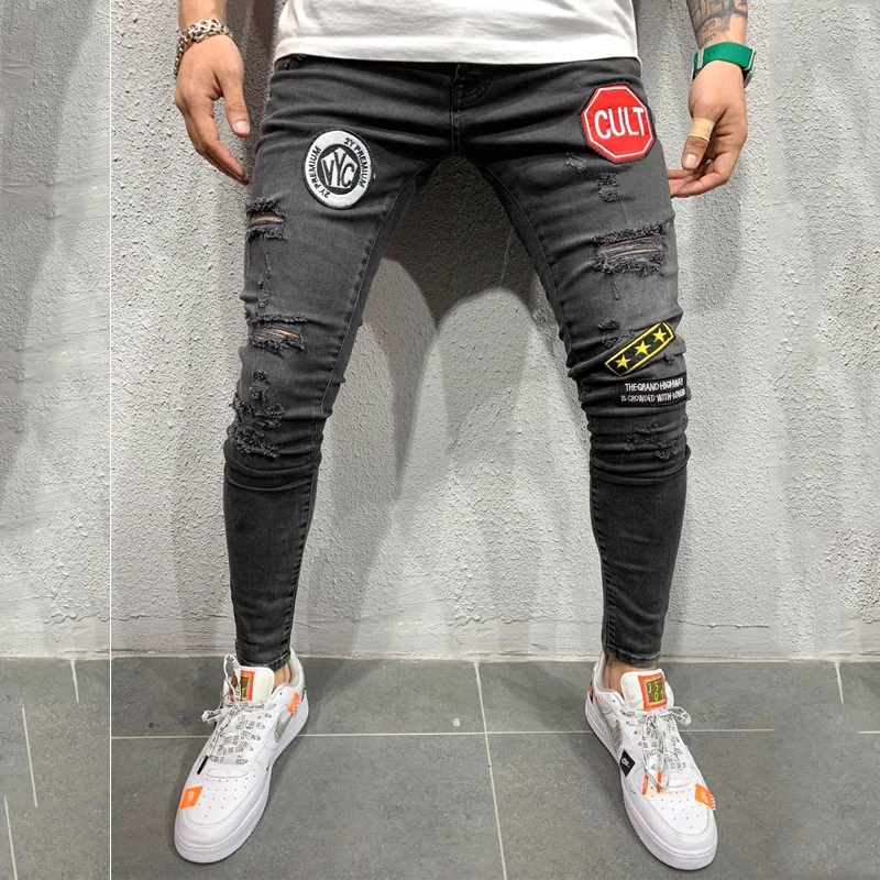 Jeans autumn new European code Men's embroidery hole torn fashion jeans men's casual Slim blue black hip hop large size | Мужская