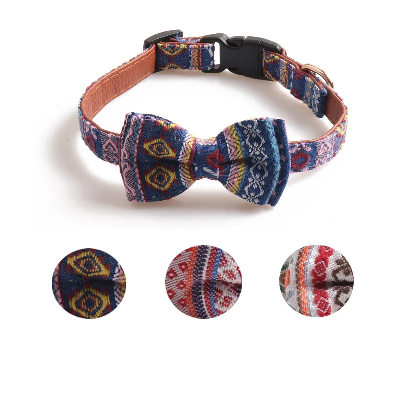 

Ethnic Style Dog Collars PU Leather Small Medium Dog Necklace Bow Tie Double Layer Bowknot Adjustable Buckle Dogs Collar Leash