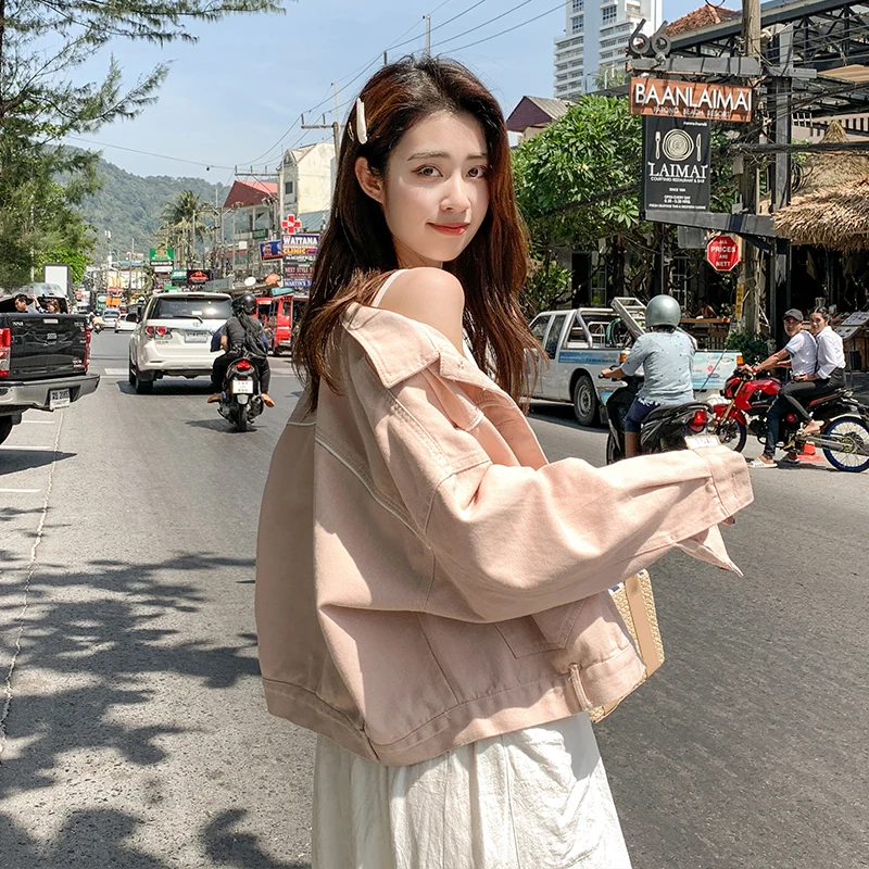 

Pink Denim Jacket Spring Long Sleeve Loose Women Jean Coat 2021 New Casual Denim Jacket Female's Autumn Outwear