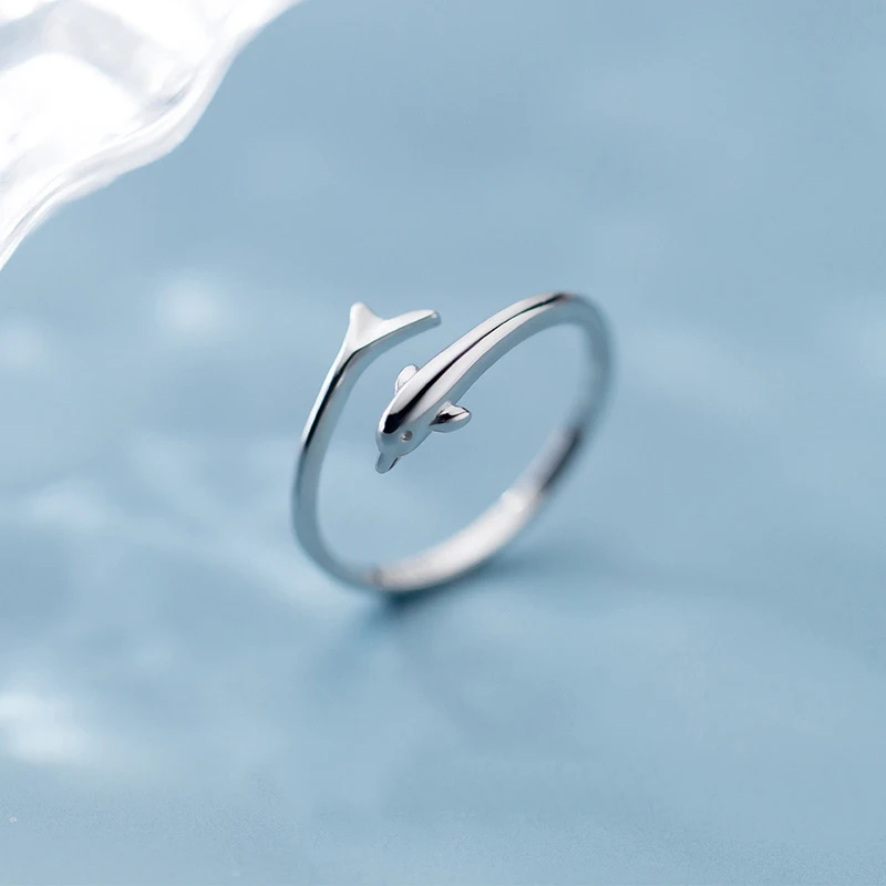 

Dolphin Rings Real 925 Sterling Silver Cute Jumping Dolphin Open Adjustable Ring for Women Girls