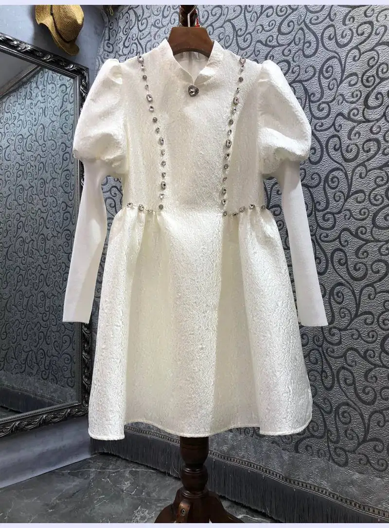 

High Quality New Spring Dress 2022 Fashion Style Women Vintage Jacquard Prints Diamond Beading Deco Long Sleeve Dress White