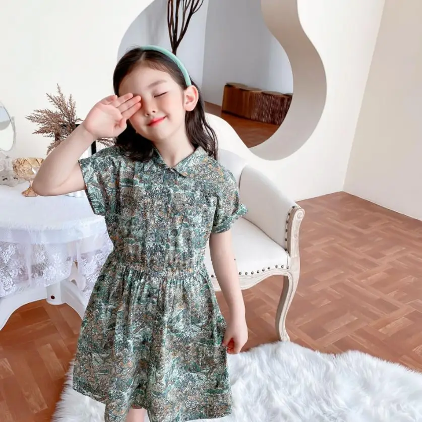 

Baby Clothing Summer New Tropical Rainforest Print Short Sleeved Dress Sweet Cute Temperament Green Lapel Gilr Shirt Dress A364