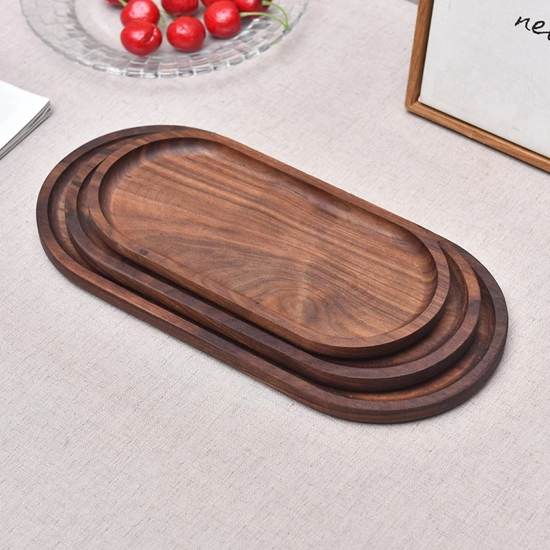 

3PCS Wood Serving Trays Salad Snack Plates Pan Appetizer Fruit Dessert Platter Dishes Storage Black Walnut Wooden Jewelry Trays