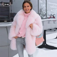 fashion womens long pink real fox fur coat with big lapel collar winter thick warm blue fox fur jacket for woman luxury outwear