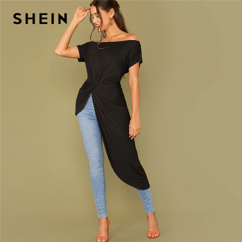 SHEIN черный с плеча твист Спереди асимметричный подол Bardot футболка Женские топы осень короткий рукав Твердые Элегантные футболки