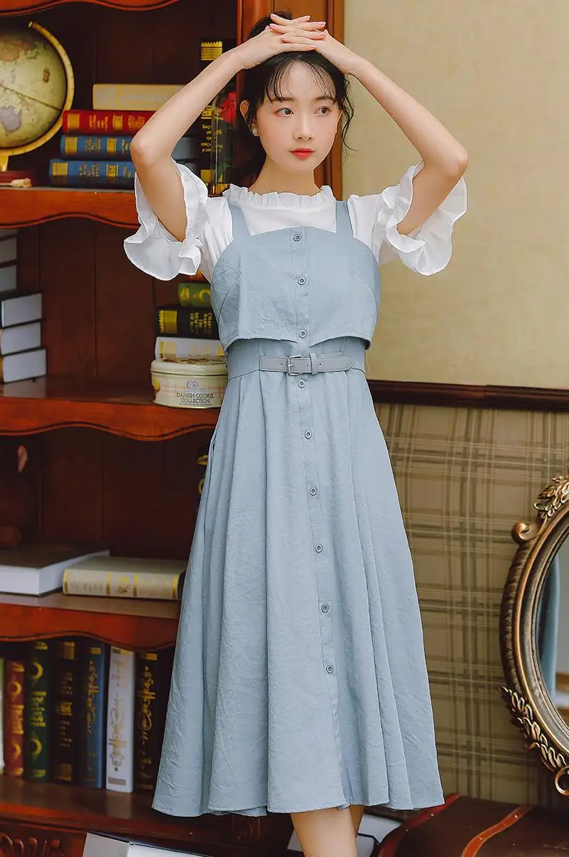 

COIGARSAM Women dress New Spring Summer Single Breasted Suspenders Dresses Pink Pale Blue Brick Red Ginger x3652