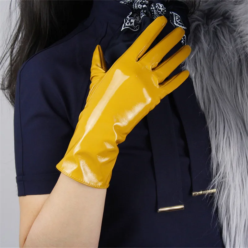 

28cm Patent Leather Gloves Warm Medium And Long Section Emulation Leather Bright Black Lined Bright Yellow Ginger Yellow PU89