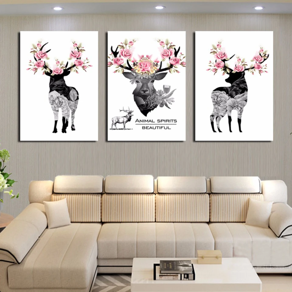 

Modern Canvas Living Room HD Printed Pictures 3 Panel Deer Animal Flower Paintings Wall Art Modular Poster Home Decor Framed