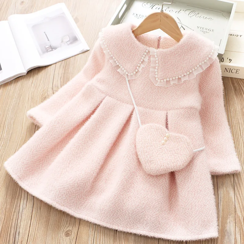 

Baby Girls plus velvet thick sweet princess dress winter plush lapel pearl A-line Dress+Bag Kids