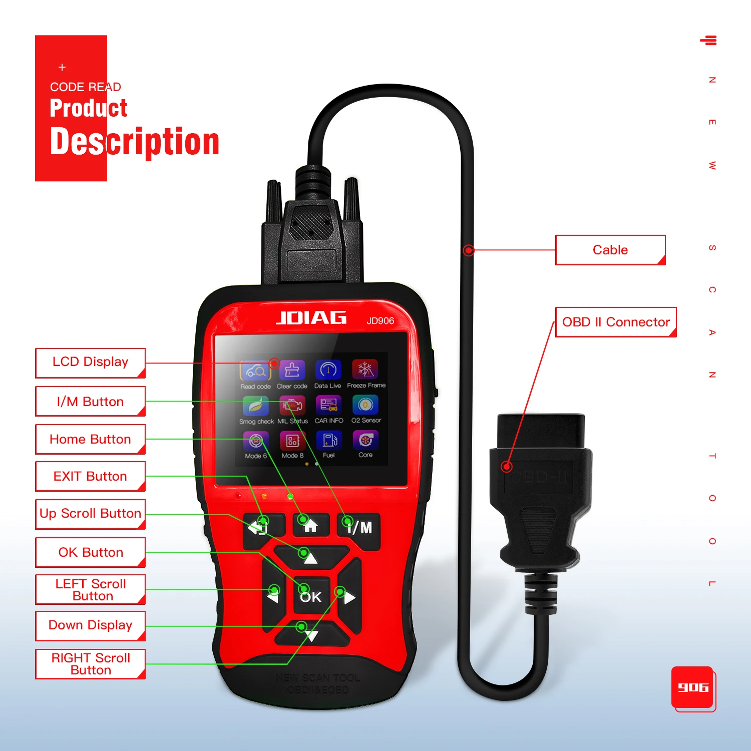 JDiag JD906 Новый сканер OBD2 Полный режим двигателя диагностический инструмент O2