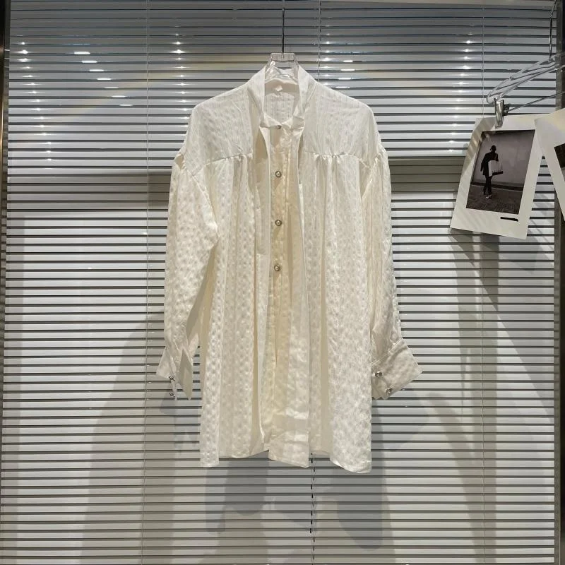 

Pearl Buckle Ribbon Beige White Shirt Dress 2021 Early Autumn New Style Loose Long Sleeve Shirt Coat Shirts For Women Tops