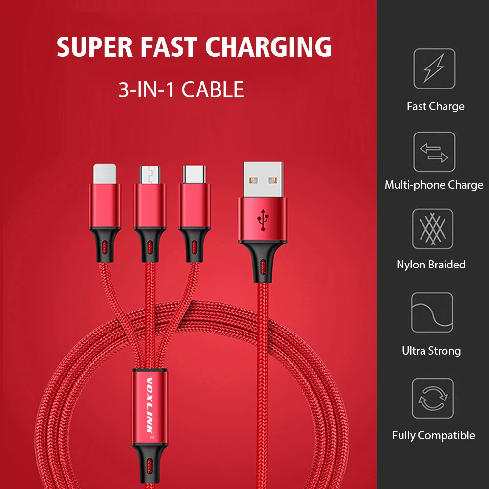 VOXLINK 5 упаковка 3 в 1 USB кабель для iPhone XS Max XR X 8 7 Micro USB кабель для samsung Android usb type C кабели для мобильных телефонов