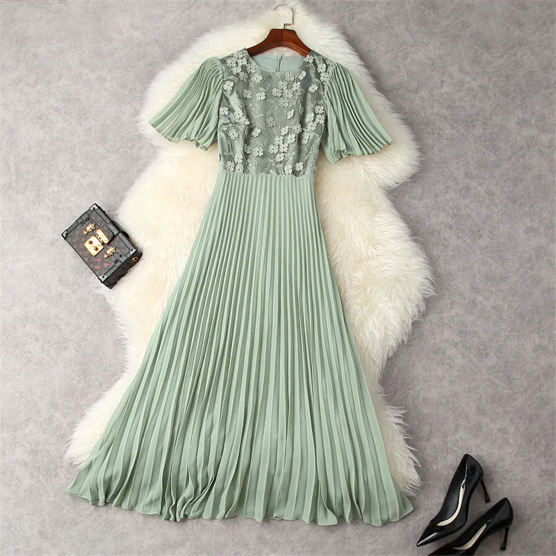 

Summer Women's Short Sleeve Floral Embroidery Patchwork Pleated Midi Party Dresses Female Clothing Elegant Office Lady Robe