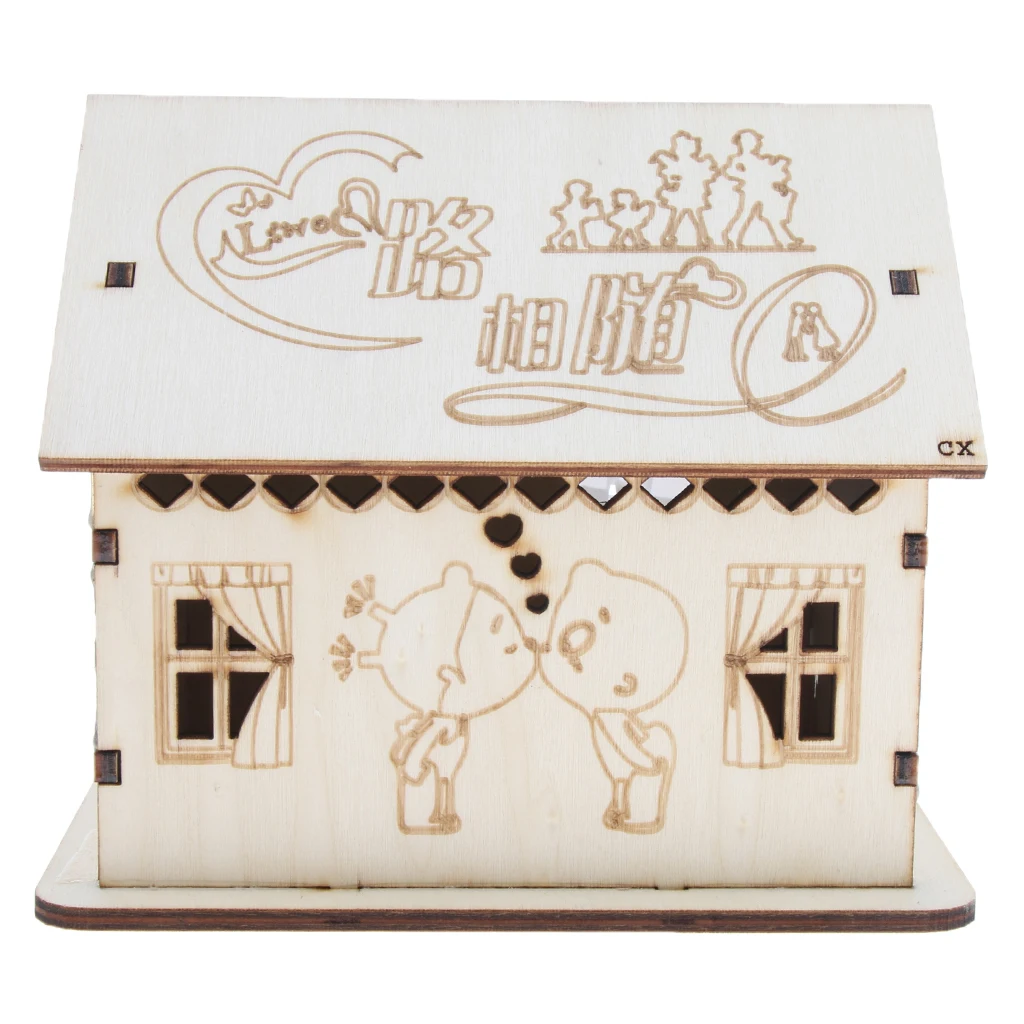 

Wooden House Piggy Bank Money Box With Colored LED Light Home Decoration, a great gift for friends or families