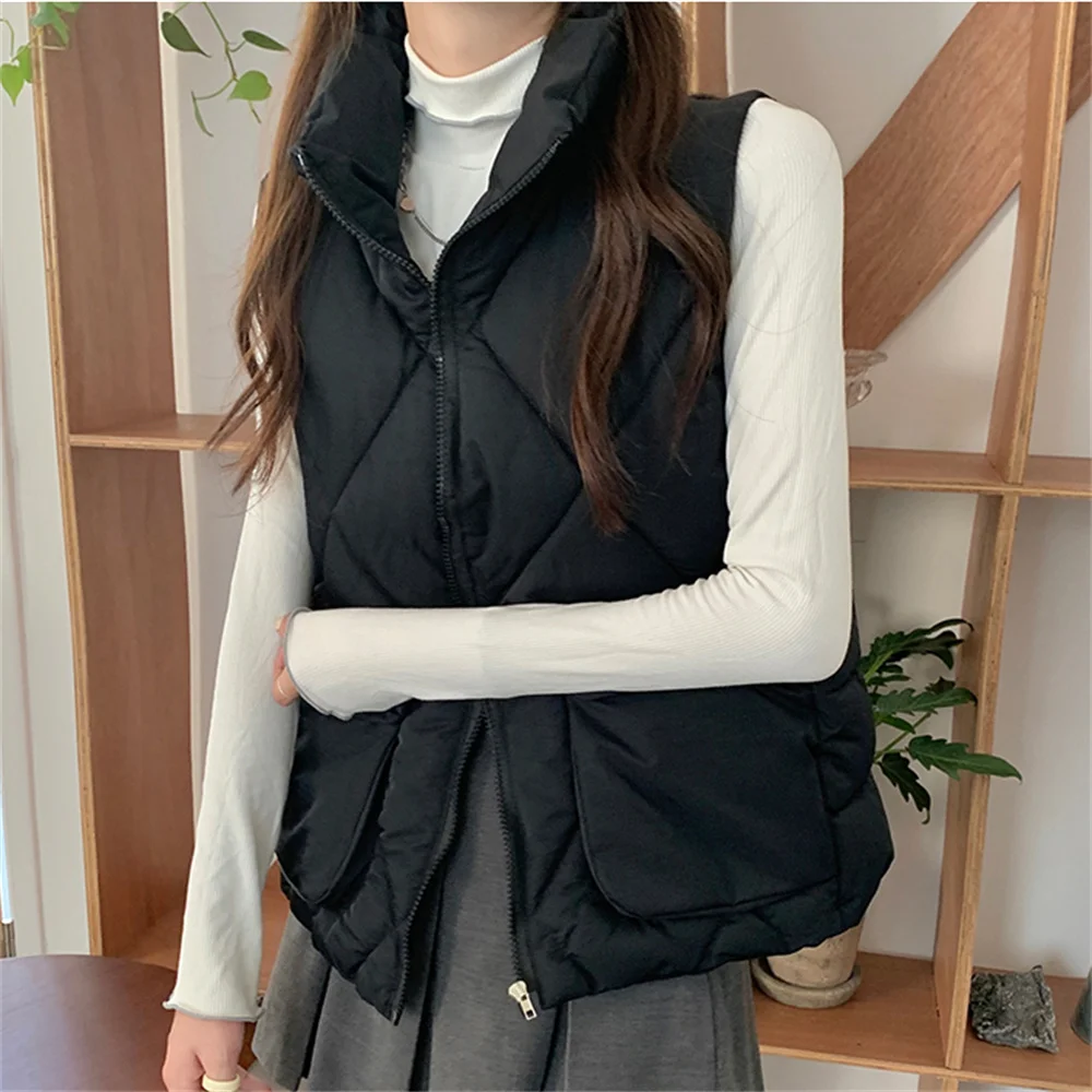 

동대문 Women Stand Cotton Sleeveless Coats Autumn Chic Stylish 2021 Work Wear Outwear New Warm Hot Elegant Loose Zipper Vest