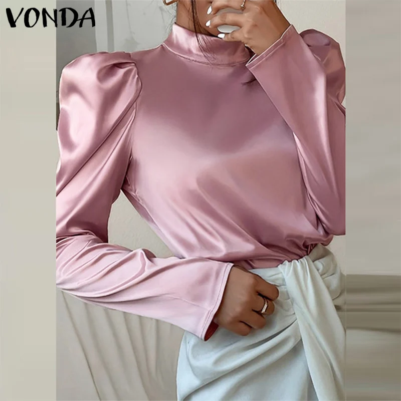 

Элегантная атласная блузка VONDA 2022, Офисная Женская блузка с высоким воротником и длинным рукавом, богемные пляжные топы с пышными рукавами, ...