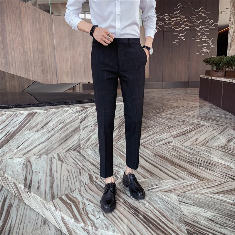 

High Quality Gentlemen Formal Wear Plaid Pants Men Clothing 2021 Spring New Slim Fit Casual Office Dress Trousers All Match 36