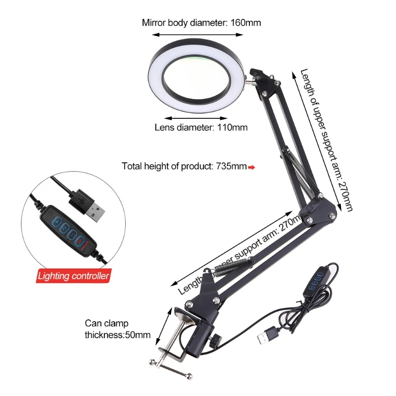 Detachable Magnifying Lamp 4.33" Optical Glass Lens Cantilever 3 Color Modes 10X Magnification 6.30" Aluminum Alloy Frame |