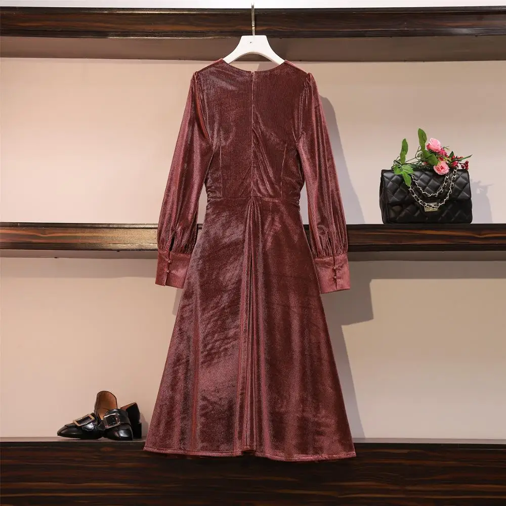 2019 Winter New Sexy For Fat Femal Party Long Dress Brown Loose Slim Velvet Sleeve Vintage Women's Bottomed | Женская одежда