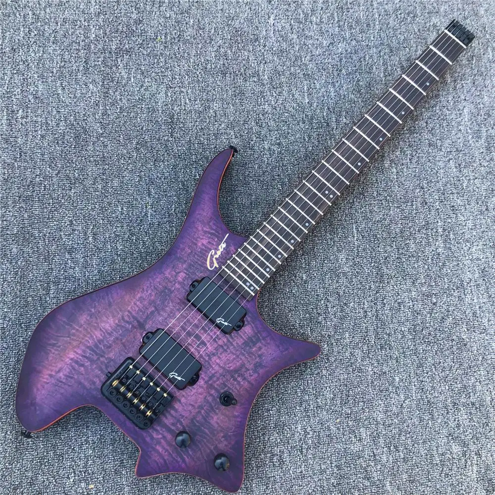 Грот Фиолетовый Пламя клен Безголовый электрогитара 24 лада Нет головной платок