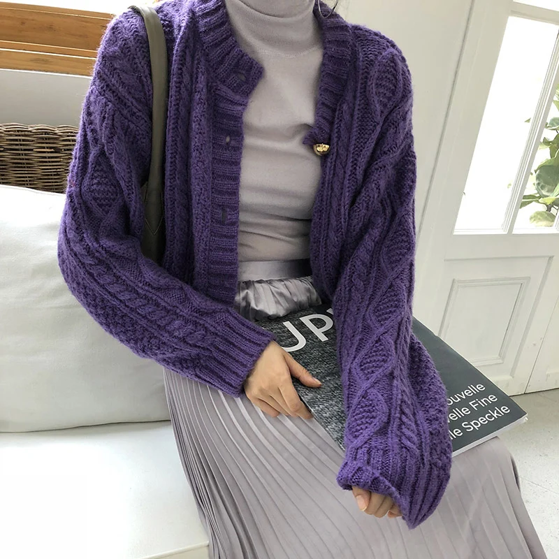 Purple Фиолетовый большой свитер кардиган женский вязаный зимний джемпер корейский Harajuku элегантный кардиган повседневная одежда Свободное пальто V852 - Цвет: Purple