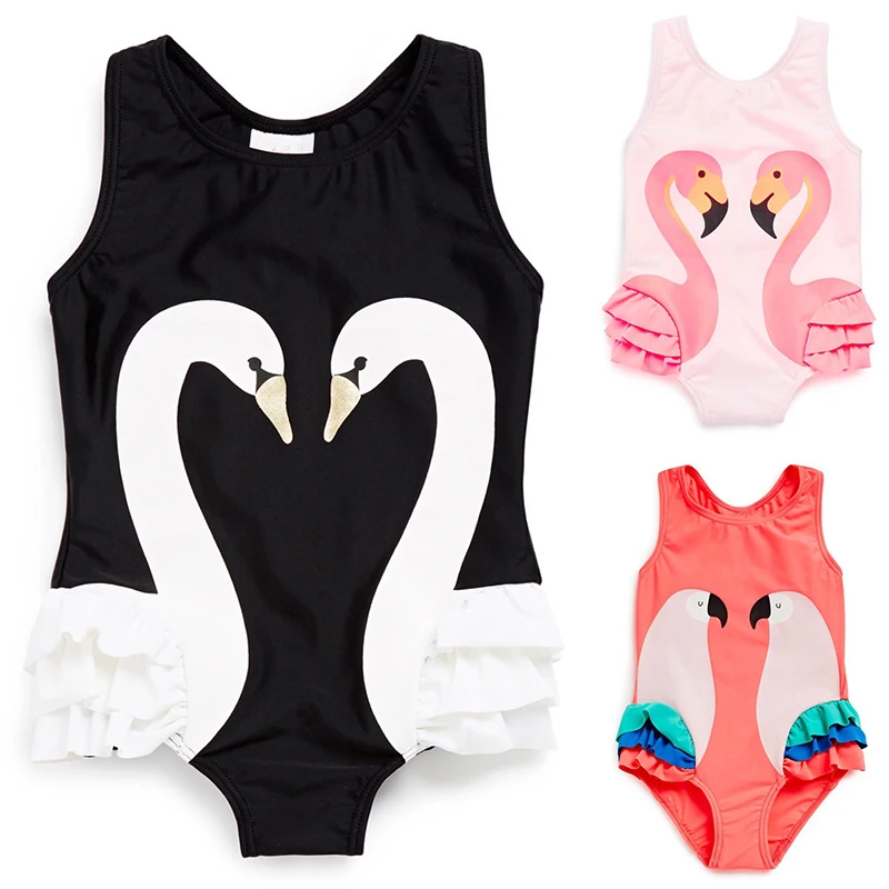 Купальный костюм для девочек цельный купальный с лебедями и рюшами купальник |