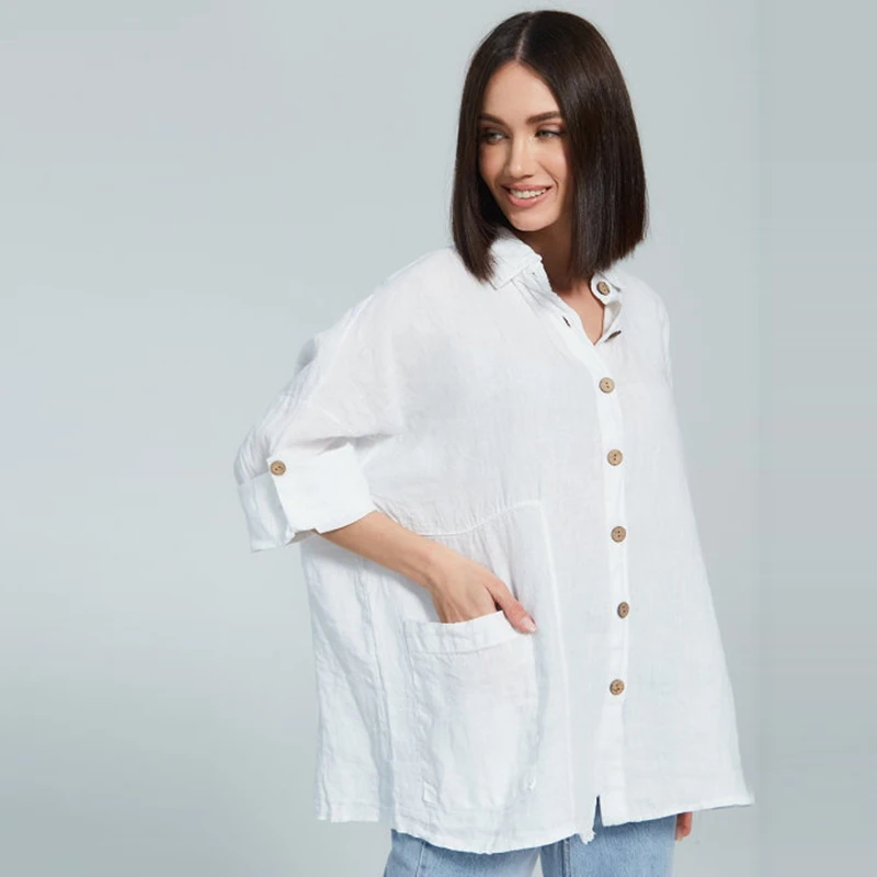 

Summer White Casual Cotton Women Shirts Seven Sleeve Turn Down Collar Office Lady Pockets Female Fashion Tops 2021