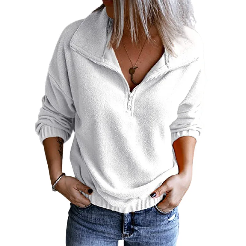 

Winter Hoodies Women Zipper Turn-down Collar Sweatshirt Casual Long Sleeve Pullovers Loose Solid Color Street Style Sweatshirts
