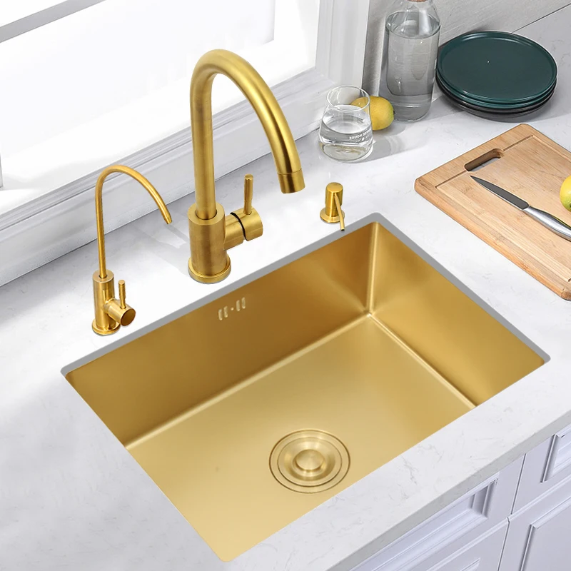 Gold Nano Handmade Stainless Steel 304 Kitchen Sink Single Bowel Basin Kitchen Sink Embedded Bar Basin Sinks 1.2 Mm Thickness