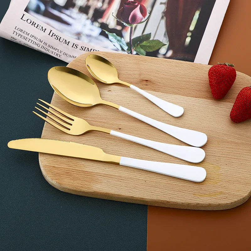 

Newest 24pcs Gold Dinnerware Stainless Steel Tableware Set Knife Fork Spoon Luxury Cutlery Set Gift Box Flatware Dishwasher Safe