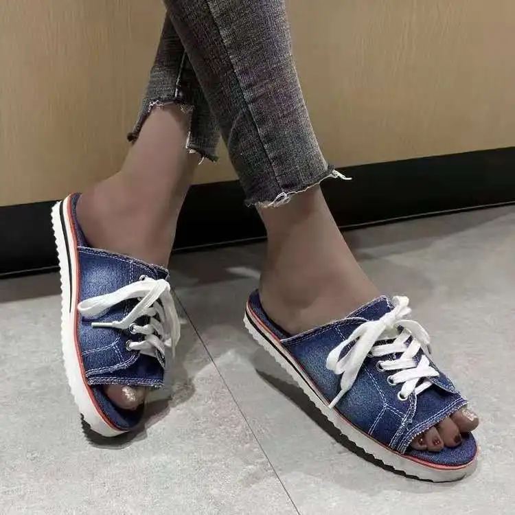 

New Summer Canvas Women's Sandals One-line Low-heeled Women's Shoes Denim Lace-up Shoes Flat Shoes Canvas Shoes Casual Shoes