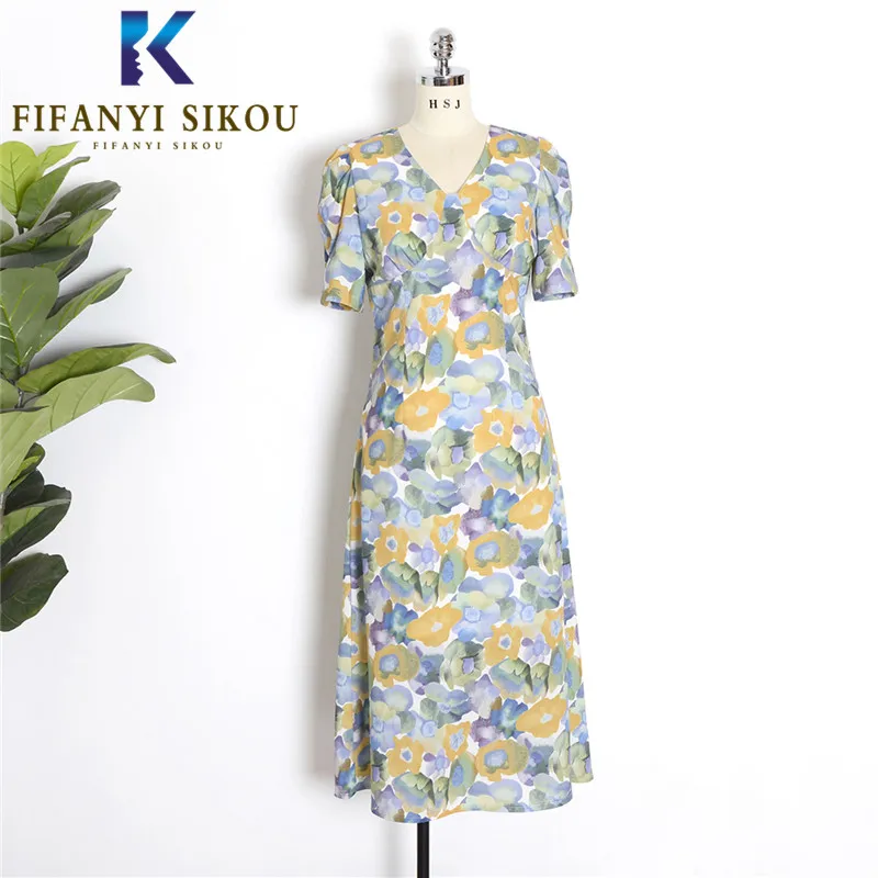 Платье женское длинное с V образным вырезом Модный Элегантный Повседневный