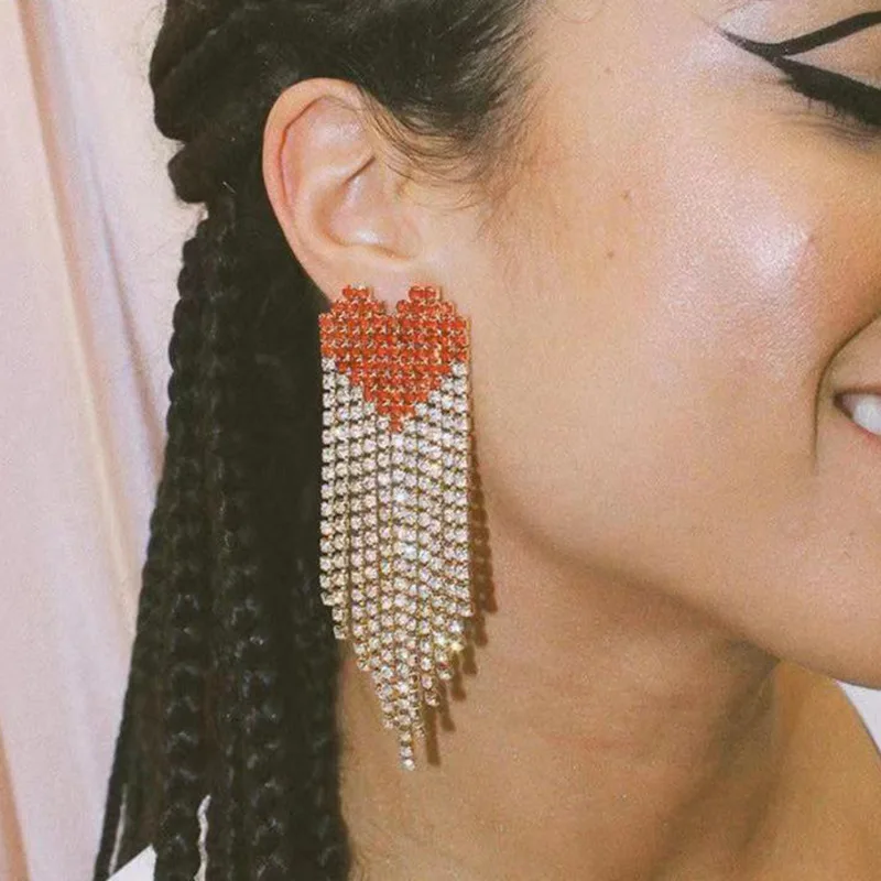 

BLIJERY Vintage Red Rhinestones Heart Long Drop Earrings for Women Crystal Big Dangle Statement Earrings Wedding Party Jewelry