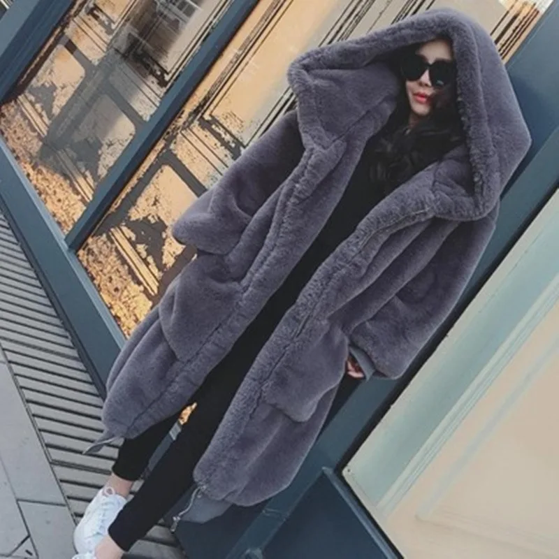 

Women Warm Coat 2021 Winter New Arrival Wool Blends Pocket Hooded Outerwear Cardigans Femme Coat Fur Jacket Plush Overcoat