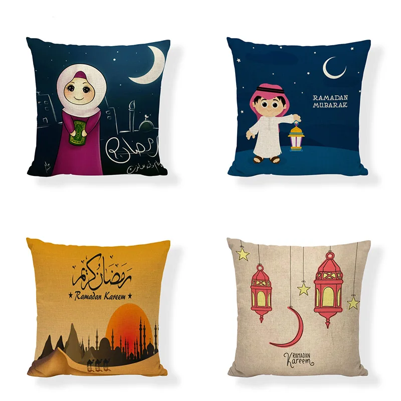 

4 Pieces Ramadan Kareem Pillow Cover Islamic Square Eid Mubarak Throw Pillow Case Sofa Bed Couch Throw Cushion Cover Decoration