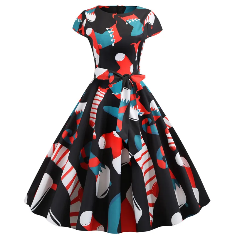 

Женское мини-платье с рождественским принтом, длиной до колена и поясом