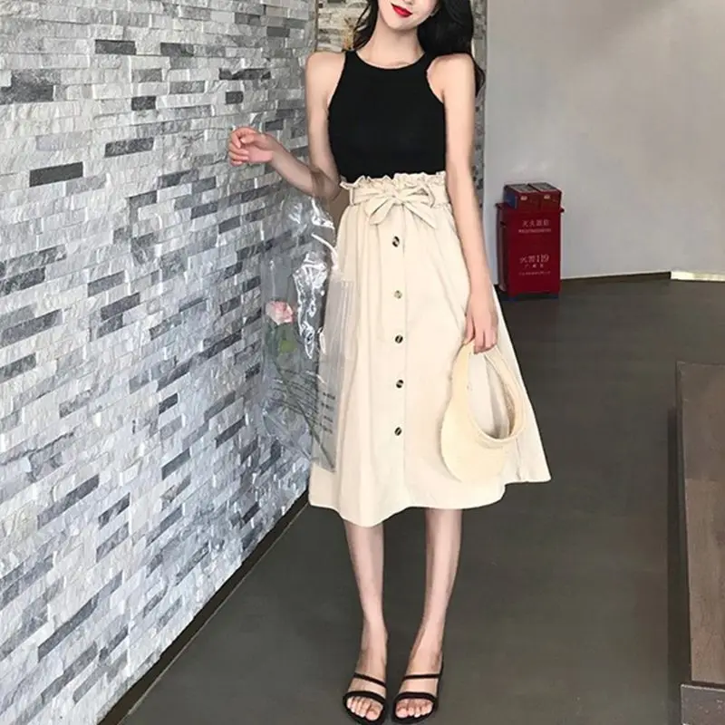 

40GC Women Girls Ruffles High Waist Knee Length Pleated A-Line Skirt Single Breasted Button Up Belted Solid Color Flared Skater