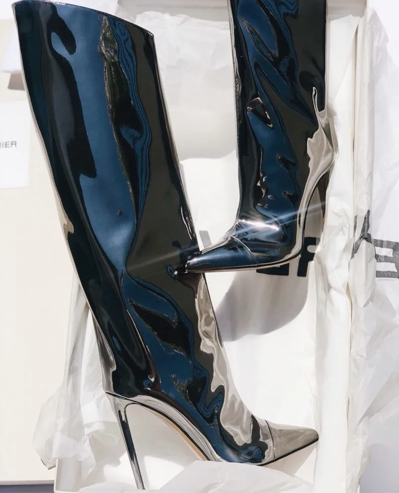 

Sexy Black Mirror Leather Knee High Boots Pointed Toe Irregular Calf High Heel Tight High Boots Fashion Celebrating Shoes