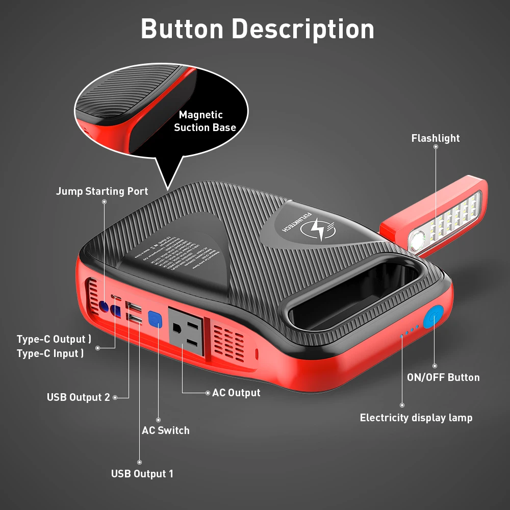 $94.49 FLYLINKTECH Portable Car Jump Starter with 100W AC Outlet 24000mAh 12V 2500A Battery Booster Pack Auto Fast Charger 3.0 USB port