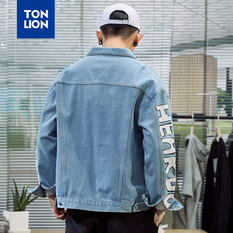 Мужская джинсовая куртка TONLION синяя с длинным рукавом и принтом в виде большой
